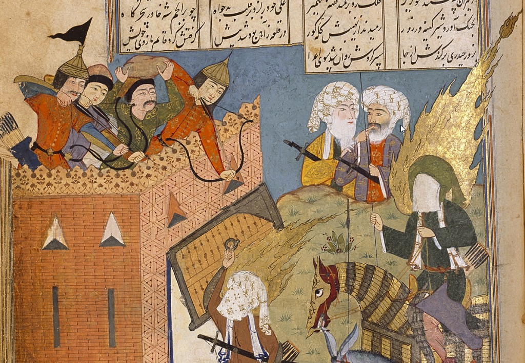 The idea of a primordial enmity between Jews and Muslims looms large in the collective memory of both Sunnīs and Shīʿa. This miniature illustrates a significant episode from early Islamic history: the Prophet Muhammad’s cousin and son-in-law ʿAlī attacks a fortress in the oasis of Khaybar, where a Jewish tribe opposed to the Prophet made their last stand during the Prophet’s campaign to unify Arabia. Rivalry and conflict between religious communities at the time of Islam’s origins often obscures the basic similarities and many points of connection between them. Detail, manuscript illumination, ʿAli Fighting to Take the Fortress of Qamūṣ, from Athār al-Muẓaffar (The Exploits of the Victorious), Iran, 16th c. (Chester Beatty Library Per 235, f. 132a; courtesy Chester Beatty Library).