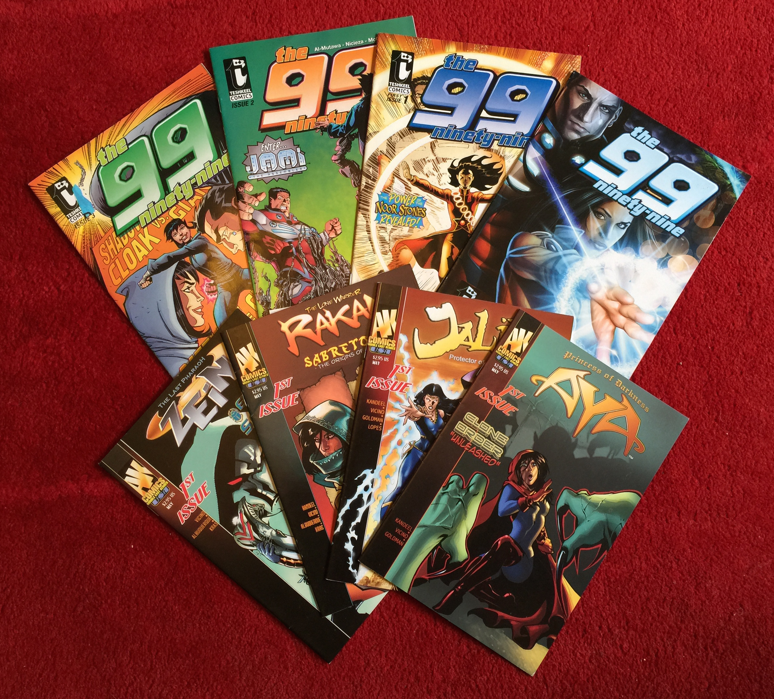 A selection of comic books published by AK Comics and Teshkeel.